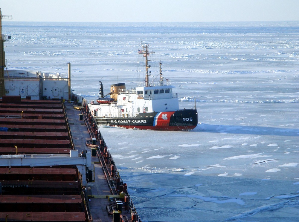 Coast Guard escorts CSL Laurentien through icy Lake Erie
