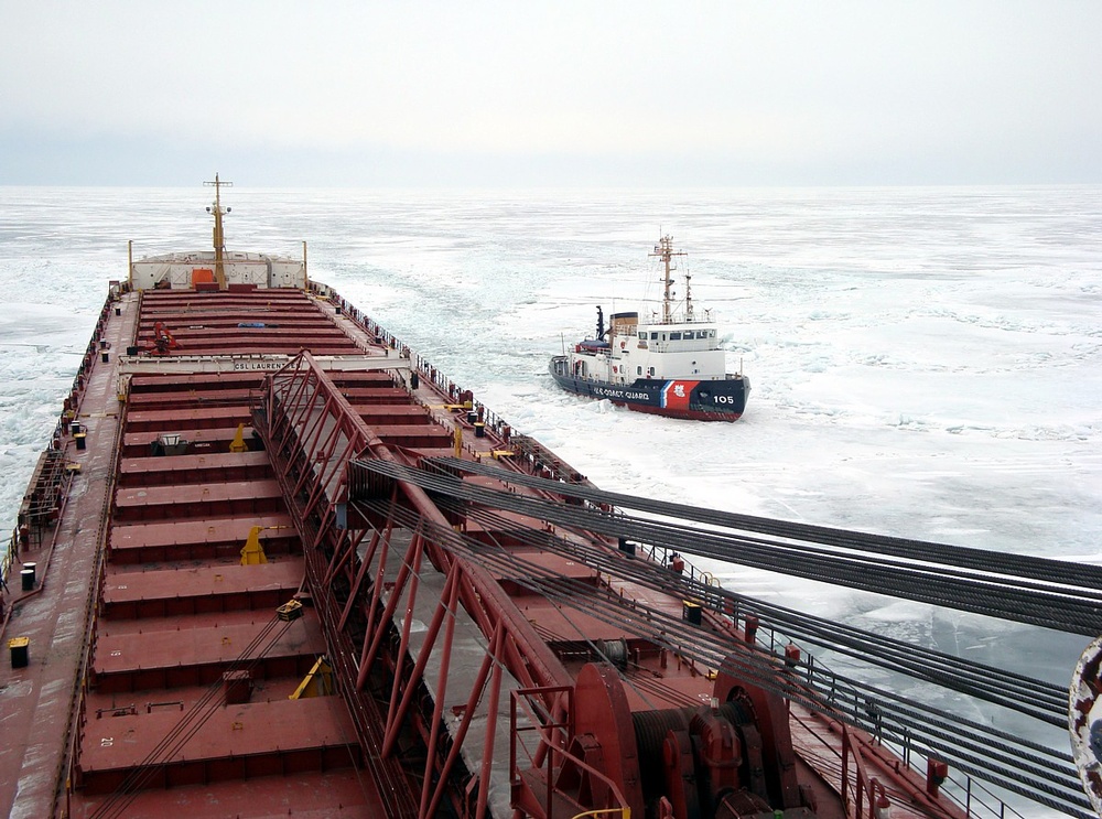 Coast Guard escorts CSL Laurentien through icy Lake Erie