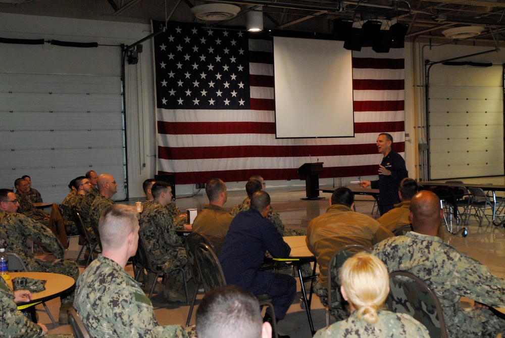 Rear Adm. Kurt Hinrichs addresses reservists at Coast Guard Sector Anchorage