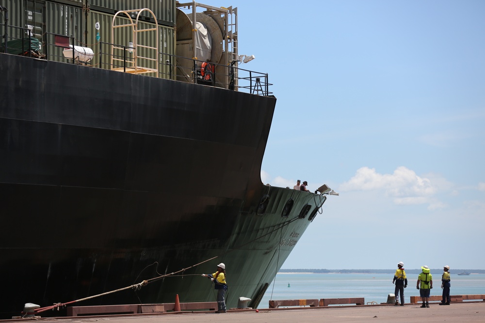 Marines offload MRF-D gear off of USNS 2nd Lt. John P. Bobo