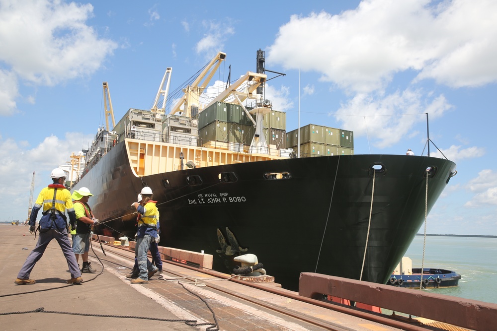 Marines offload MRF-D gear off of USNS 2nd Lt. John P. Bobo