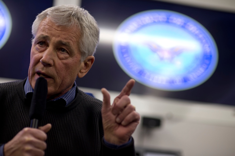 Secretary of Defense Chuck Hagel briefs reporters