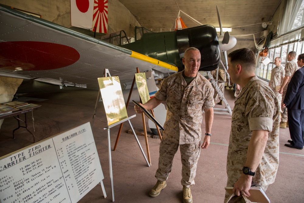 Maj. Gen. Charles L. Hudson, commanding general of Marine Corps Installations Pacific, visits the historic Zero Hangar as part of his visit to Marine Corps Air Station Iwakuni, Japan, April 3, 2014.