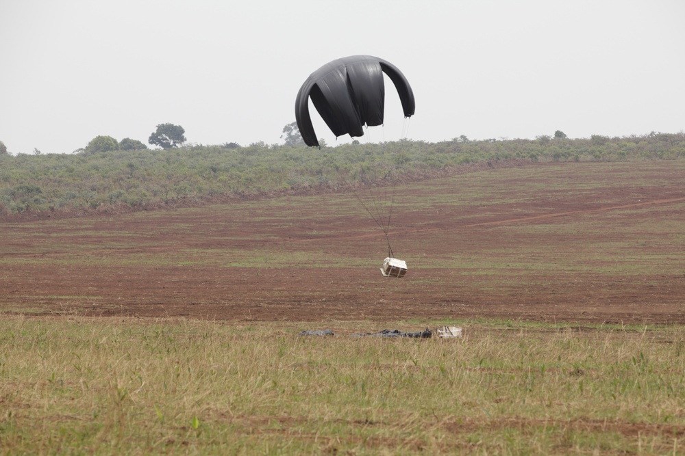 A dark-colored parachute is descending over an open field, carrying a small white cargo container suspended by lines. On the ground below, what appears to be a previously landed parachute and cargo unit is visible. The setting is a rural, partially cultivated landscape under an overcast sky.