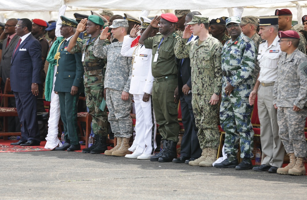 A multinational military ceremony featuring uniformed personnel from multiple nations standing in formation. Several officers are rendering salutes simultaneously, suggesting a formal honors ceremony such as a national anthem or flag presentation. A civilian dignitary in a dark suit stands at the far left, likely a government official presiding over the event.