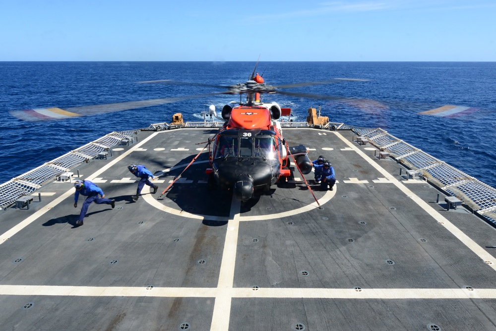 Coast Guard Cutter Stratton trains with San Diego Coast Guard helicopter crew