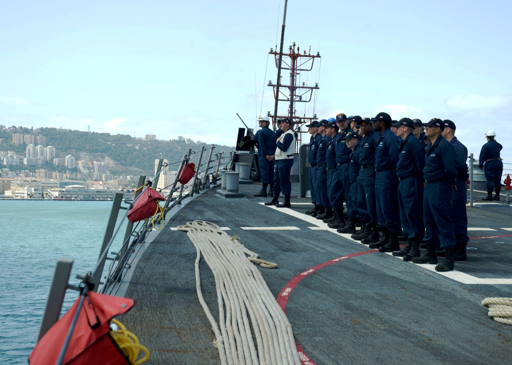 USS Ramage moors in Haifa, Israel