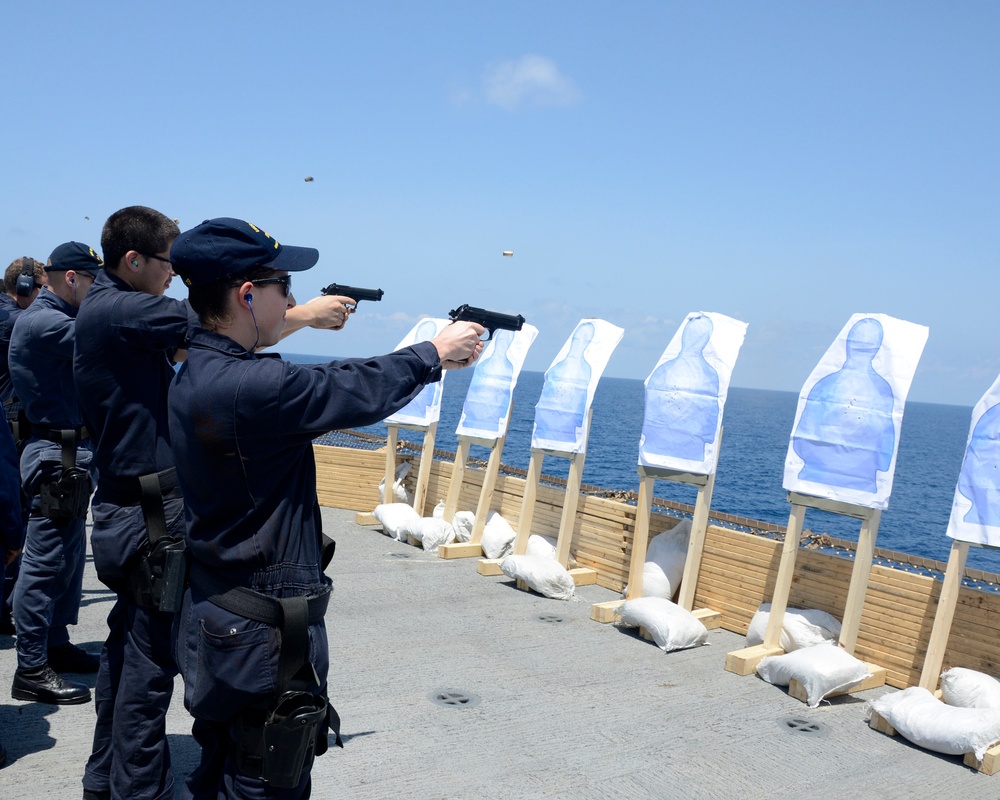 USS Mesa Verde sailors conduct pistol live-fire