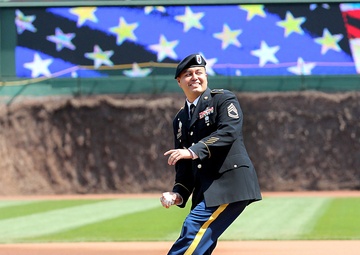 Army Reserve soldier throws in first pitch at Chicago Cubs Easter game