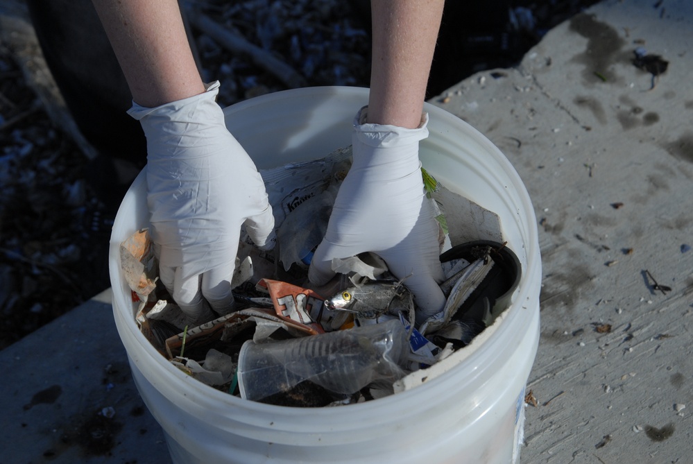 Trash from the shoreline along Coast Guard Island