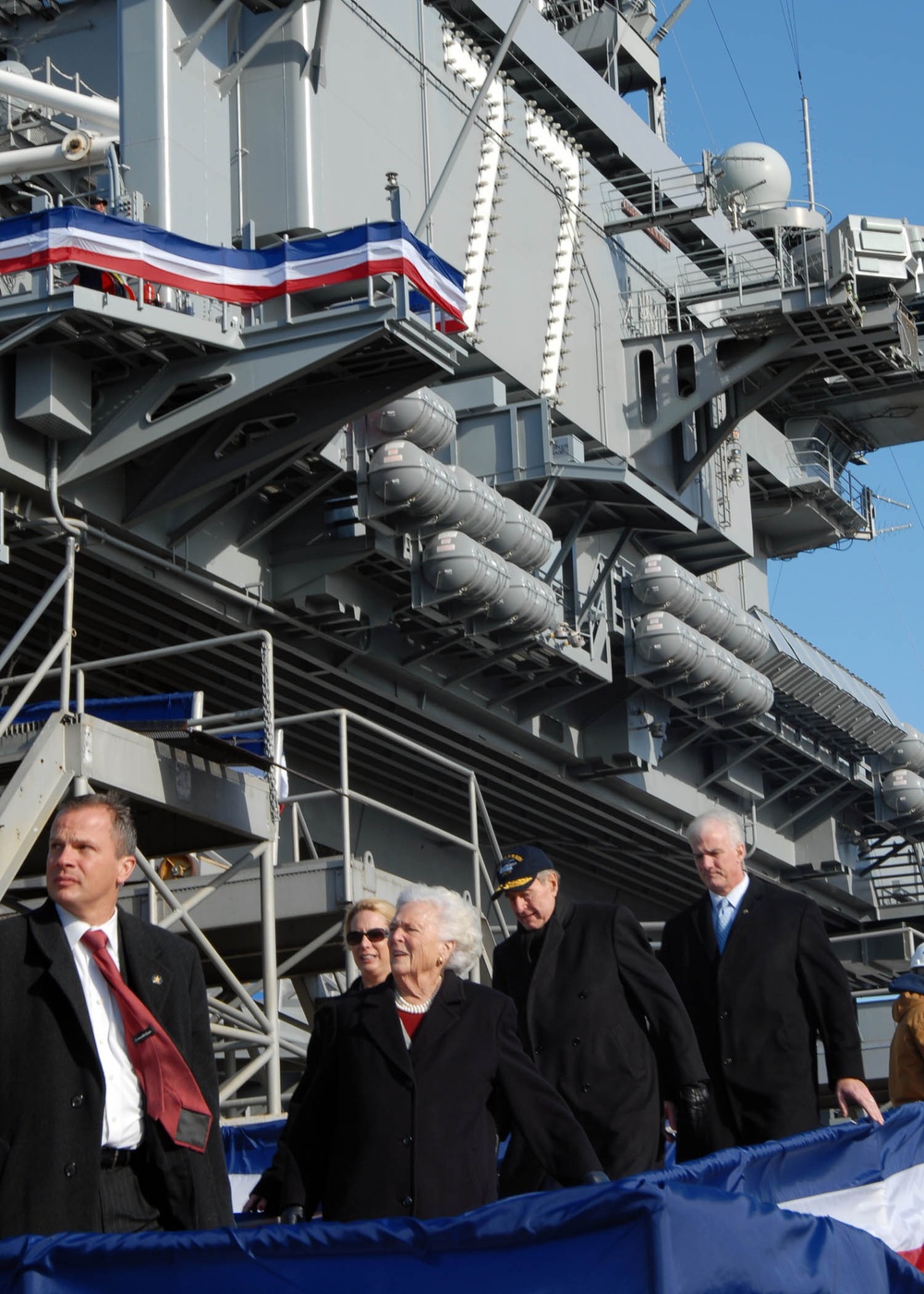 George H.W. Bush visits aircraft carrier Pre-Commissioning Unit (PCU) George H.W. Bush
