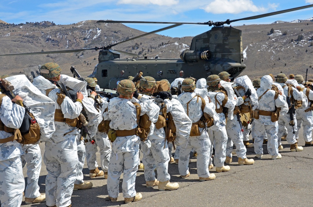California National Guard Chinooks airlift Marines training in mountain warfare tactics to high elevation landing zones