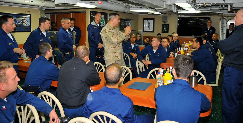 USS Lake Champlain sailors receive safety measures brief