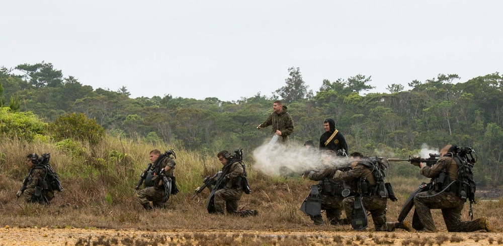 Marines dive toward objective during beach reconnaissance training