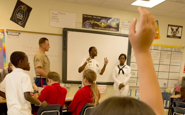 Marines, Sailors share military adventures with Harbordale Elementary School students