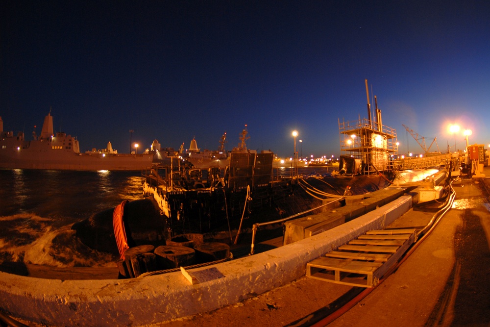 USS Albany sits pier side