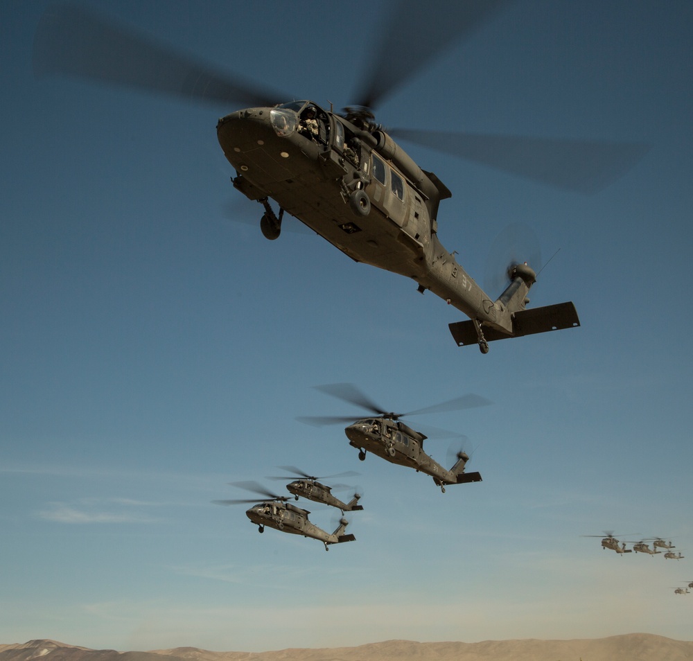 Black Hawks from Hawaii fly during pre-deployment training