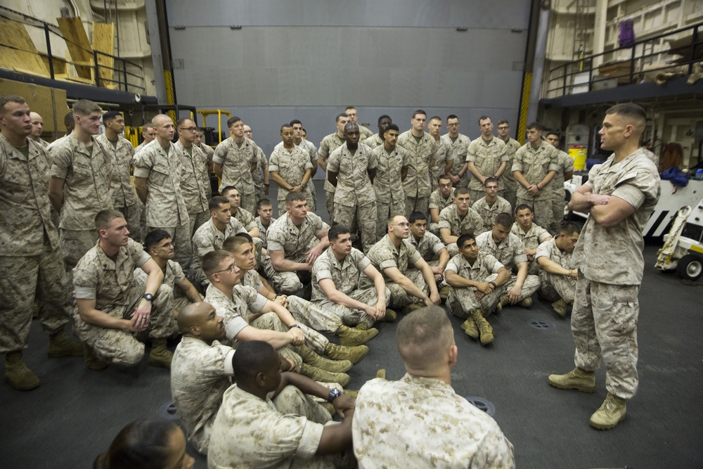 CLB-22 Marines receive liberty brief before port call overseas