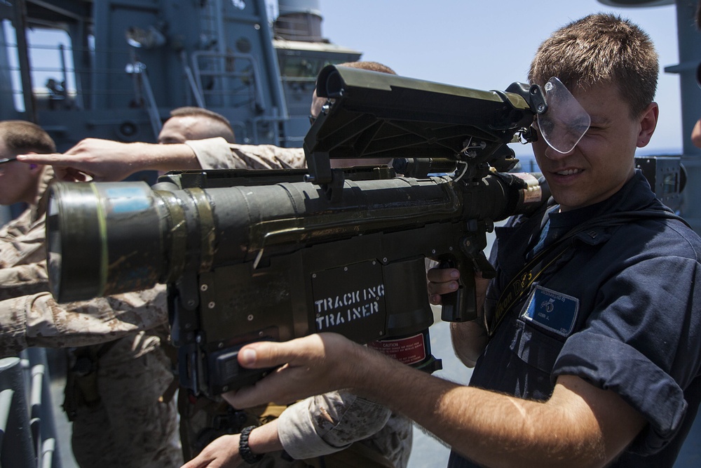 22nd MEU LAAD practices target tracking aboard USS Bataan