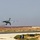 A military jet aircraft, appearing to be an F/A-18 Hornet, is captured in the moment of takeoff or low-altitude flight above a desert airstrip. The aircraft's landing gear is still deployed and both afterburners appear to be engaged, indicated by the glowing engine nozzles. The surrounding terrain is arid and desert-like, with runway distance markers numbered 5 and 7 visible in the foreground.