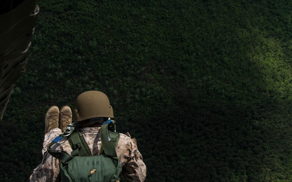 A military paratrooper is captured mid-jump from an aircraft, viewed from above and behind. The individual is wearing full military gear including a combat helmet, camouflage uniform, and a parachute pack with a yellow static line still attached to the aircraft. Below, a dense green forested landscape with a visible road or path is seen from altitude.