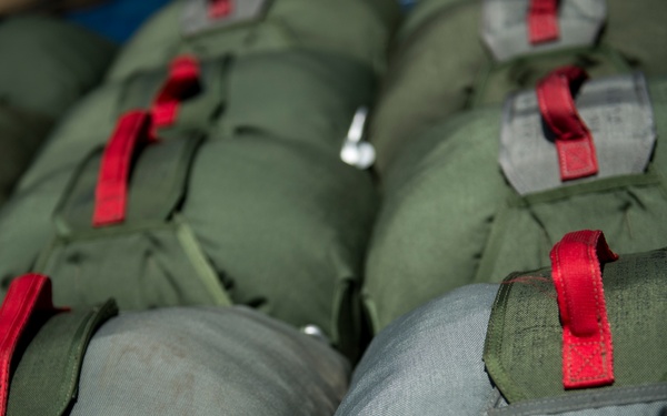 The image shows multiple military-style packed parachute bags or equipment bundles arranged in rows. The bags are olive drab and gray in color, each featuring distinctive red pull handles or ripcord loops. Stenciled markings are visible on some bags, including what appears to read 'N 42' and 'S 1 8N'.