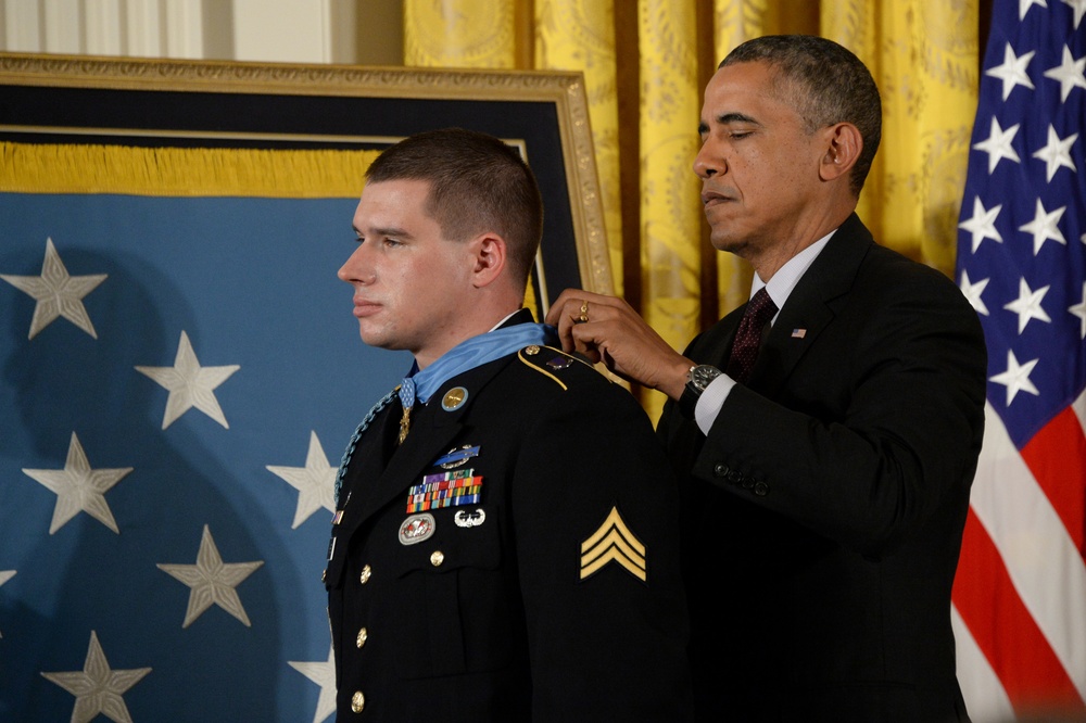 President Barack Obama awards former Army Sgt. Kyle White Medal of Honor