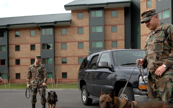 A military scene showing three uniformed personnel with two military working dogs (Belgian Malinois/German Shepherds) in a parking area in front of a multi-story brick building. One officer in dress khaki uniform appears to be observing or inspecting the K9 handlers and their dogs. The setting appears to be a military installation or base.