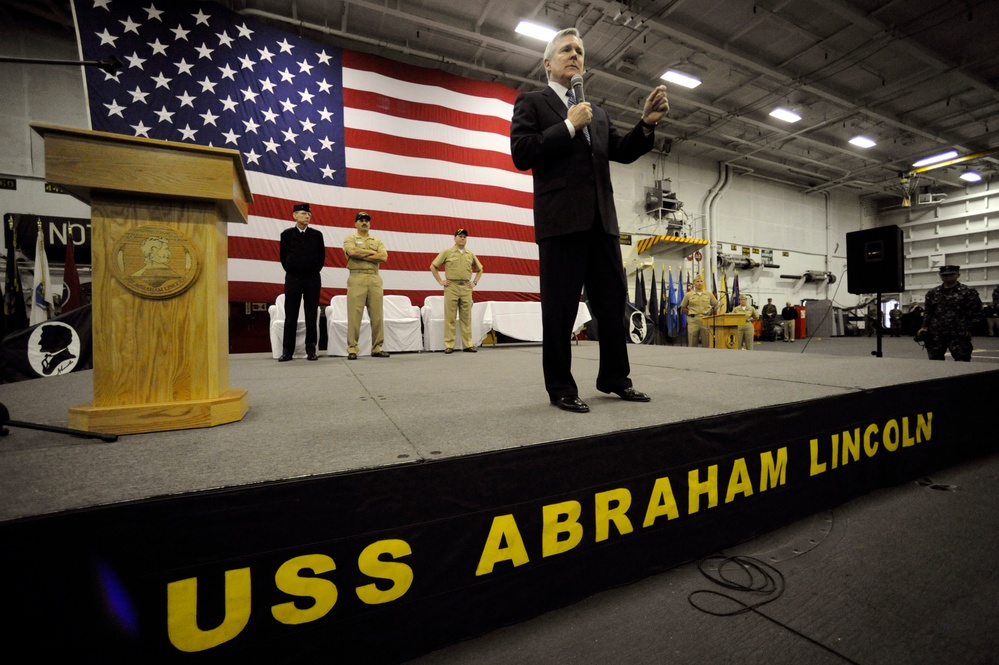 Secretary of the Navy all-hands call aboard USS Abraham Lincoln