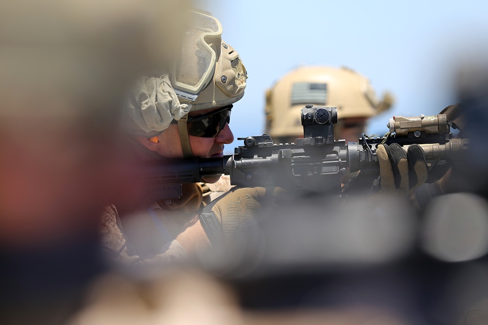 A military personnel in tactical gear is aiming a rifle equipped with an optic sight. At least two soldiers are visible, both wearing tan/desert-colored helmets and tactical equipment. The image is shot with a shallow depth of field, with foreground elements intentionally blurred.