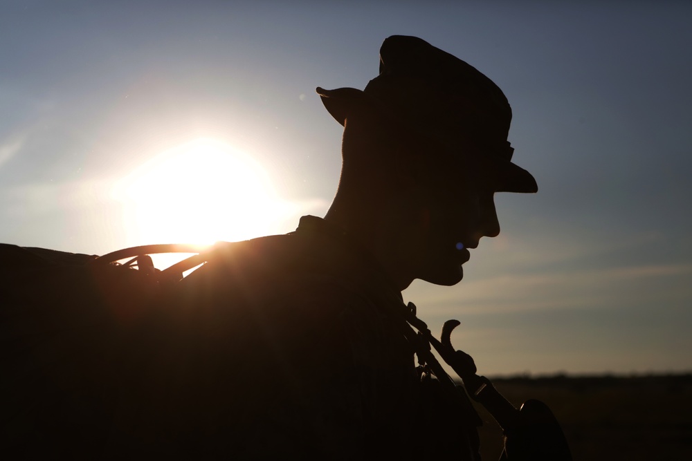 A dramatic silhouette photograph of a person wearing a peaked/flat cap, backlit by a bright setting or rising sun against a blue sky. The subject appears to be holding or standing near a chain, with what looks like a large animal or vehicle partially visible to the left. The strong backlighting creates a high-contrast silhouette effect with visible lens flare.