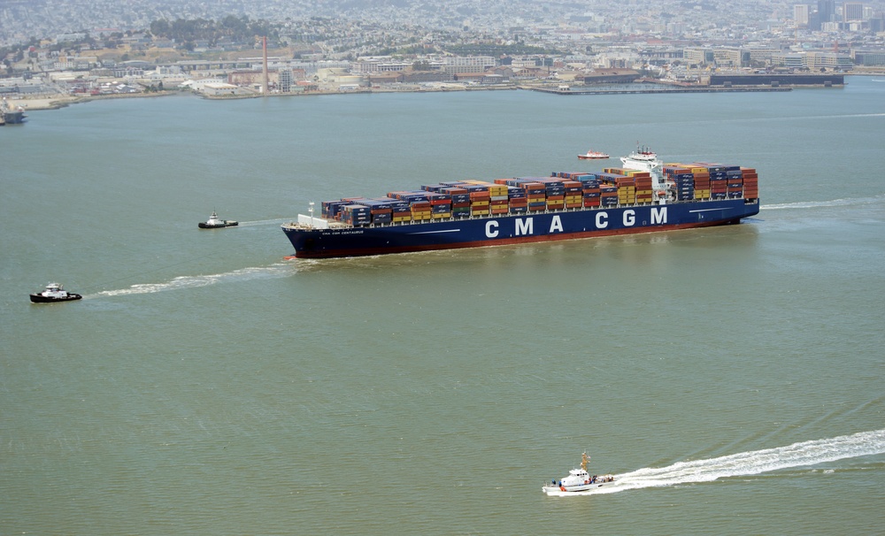 Coast Guard, Harbor Safety Committee evaluate emergency towing capabilities on an Ultra Large Container Ship in San Francisco Bay