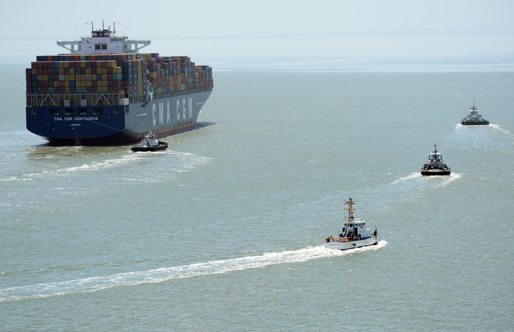 Coast Guard, Harbor Safety Committee evaluate emergency towing capabilities on an Ultra Large Container Ship in San Francisco Bay