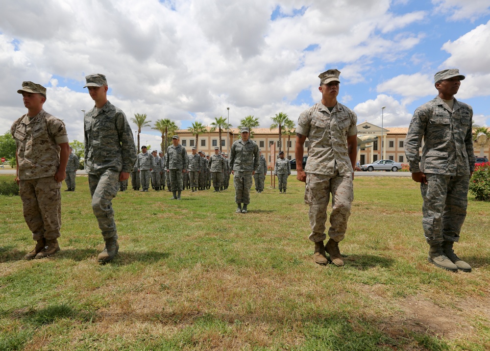 U.S. Marines and U.S. Airmen conduct a Memorial Day ceremony on Moron Air Base, Spain