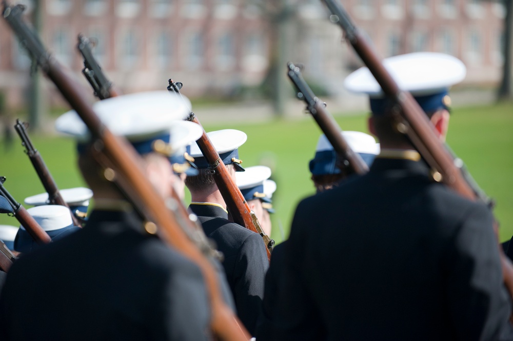 Coast Guard Academy cadets perform regimental review for Master Chief Petty Officer Lloyd Pierce