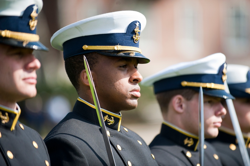 Coast Guard Academy cadets perform regimental review for Master Chief Petty Officer Lloyd Pierce