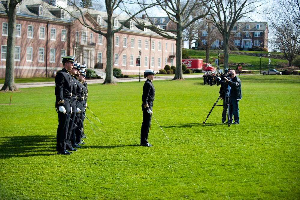 Coast Guard Academy cadets perform regimental review for Master Chief Petty Officer Lloyd Pierce