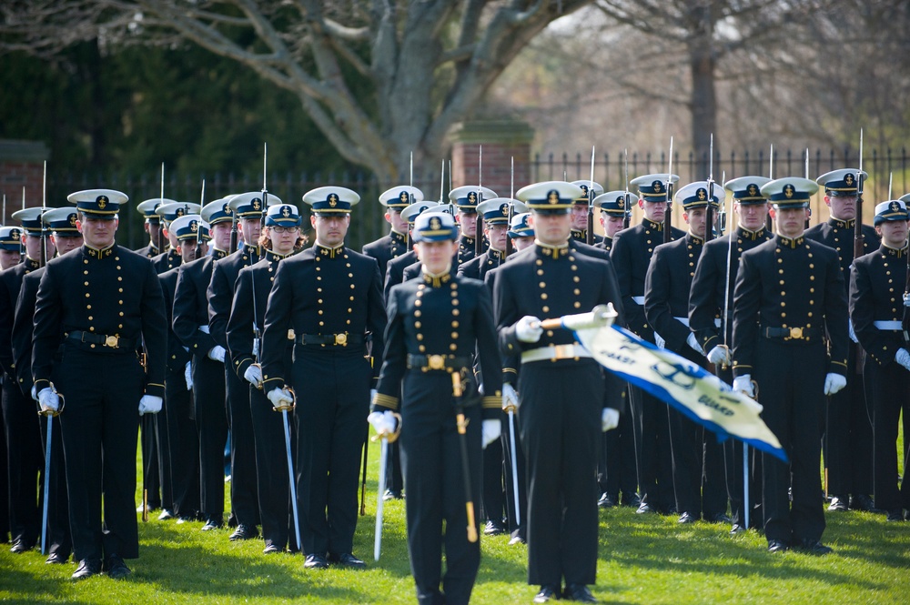 Coast Guard Academy cadets perform regimental review for Master Chief Petty Officer Lloyd Pierce