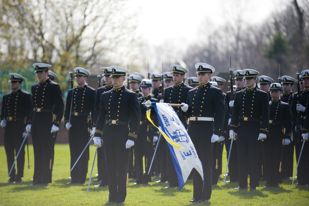 Coast Guard Academy cadets perform regimental review for Master Chief Petty Officer Lloyd Pierce