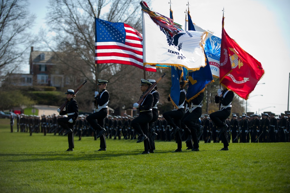 Coast Guard Academy cadets perform regimental review for Master Chief Petty Officer Lloyd Pierce