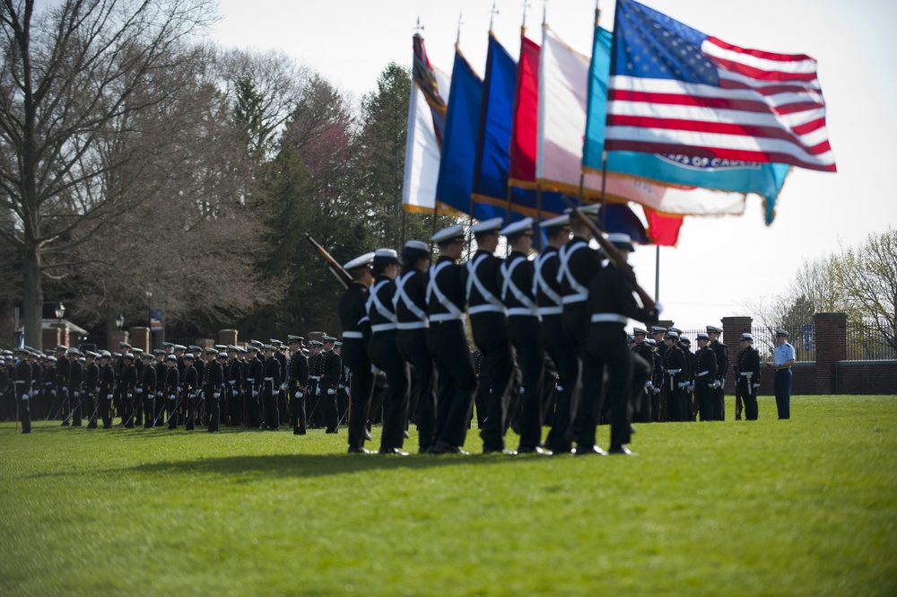 Coast Guard Academy cadets perform regimental review for Master Chief Petty Officer Lloyd Pierce