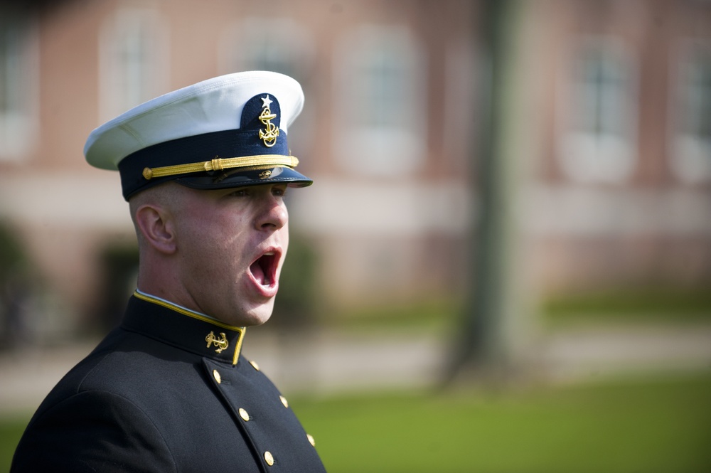 Coast Guard Academy cadets perform regimental review for Master Chief Petty Officer Lloyd Pierce