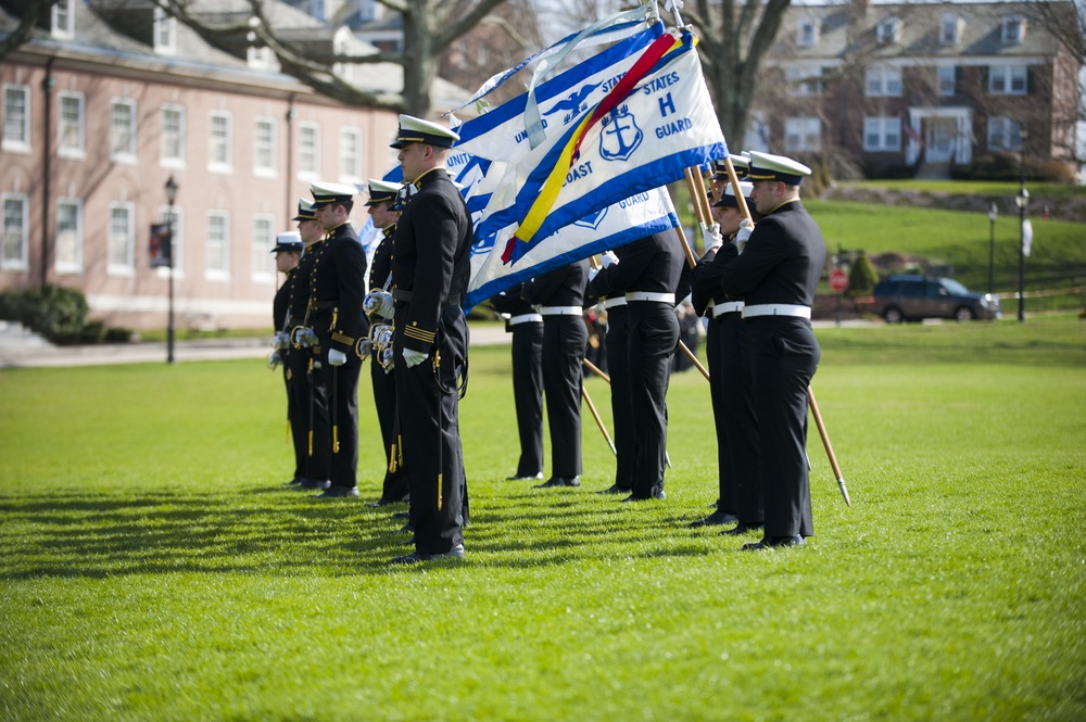 Coast Guard Academy cadets perform regimental review for Master Chief Petty Officer Lloyd Pierce