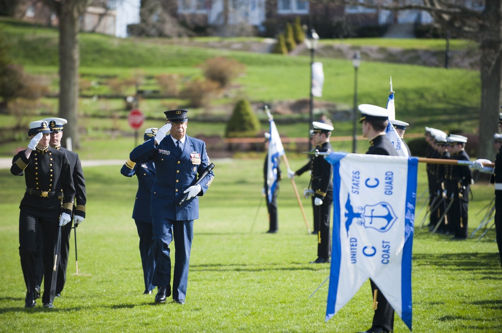 Coast Guard Academy cadets perform regimental review for Master Chief Petty Officer Lloyd Pierce