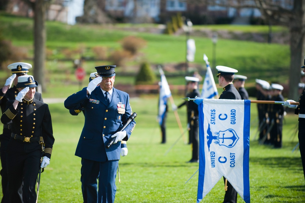 Coast Guard Academy cadets perform regimental review for Master Chief Petty Officer Lloyd Pierce