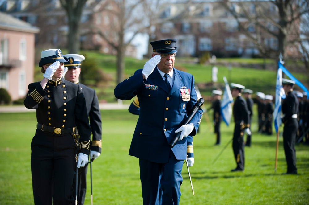 Coast Guard Academy cadets perform regimental review for Master Chief Petty Officer Lloyd Pierce