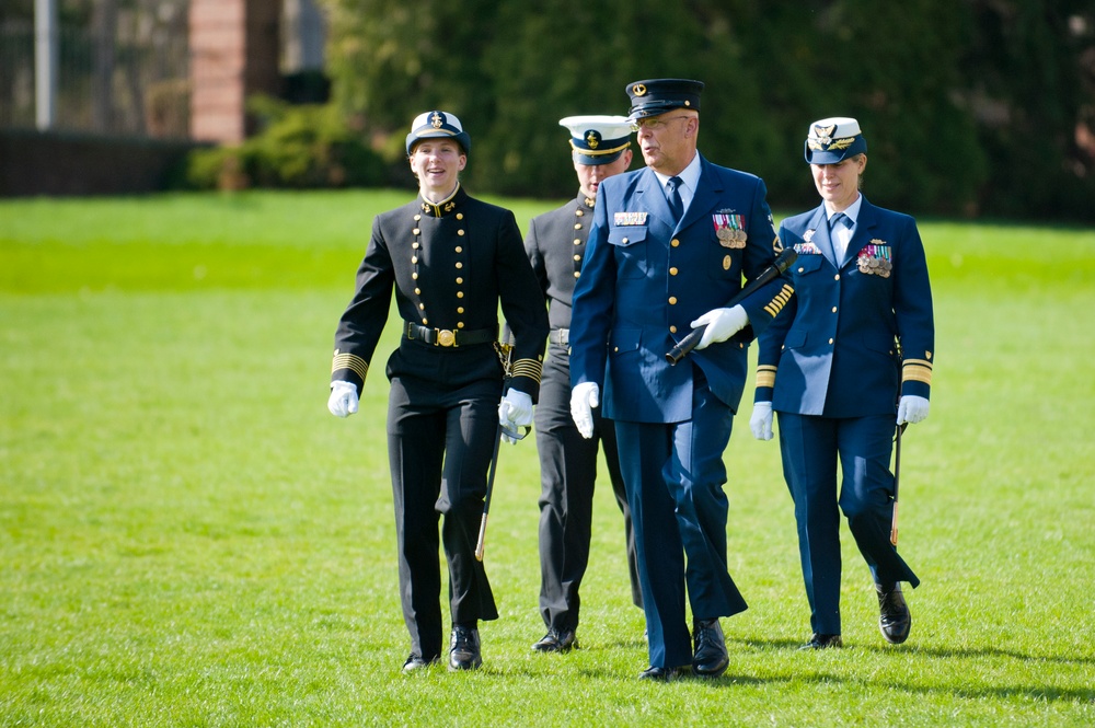 Coast Guard Academy cadets perform regimental review for Master Chief Petty Officer Lloyd Pierce