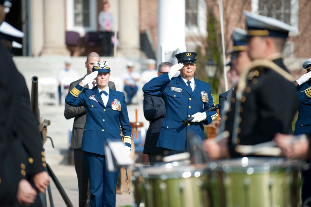 Coast Guard Academy cadets perform regimental review for Master Chief Petty Officer Lloyd Pierce