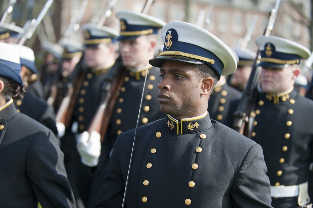 Coast Guard Academy cadets perform regimental review for Master Chief Petty Officer Lloyd Pierce