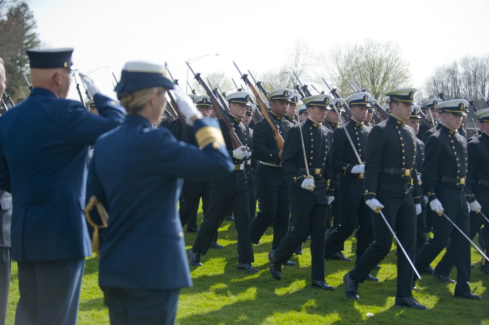 Coast Guard Academy cadets perform regimental review for Master Chief Petty Officer Lloyd Pierce